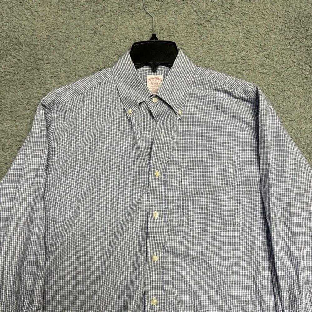 Brooks Brothers Dress Shirt Mens 16-33 Blue Good Madison Non-Iron Gingham Check‎